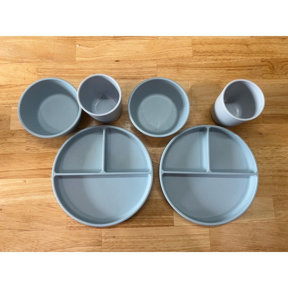 Mushie Baby Bundle 2 Suction Plates 2 Suction Bowls 2 Cups Powder Blue VGUC Set